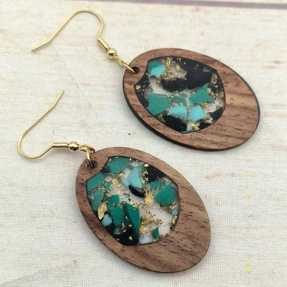 Women Handmade Gold Flake Teal Resin Oval Walnut Wood Earrings