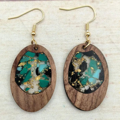 Women Handmade Gold Flake Teal Resin Oval Walnut Wood Earrings