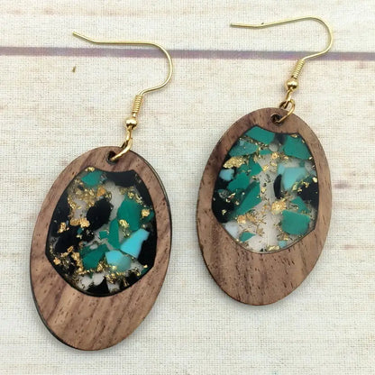 Women Handmade Gold Flake Teal Resin Oval Walnut Wood Earrings