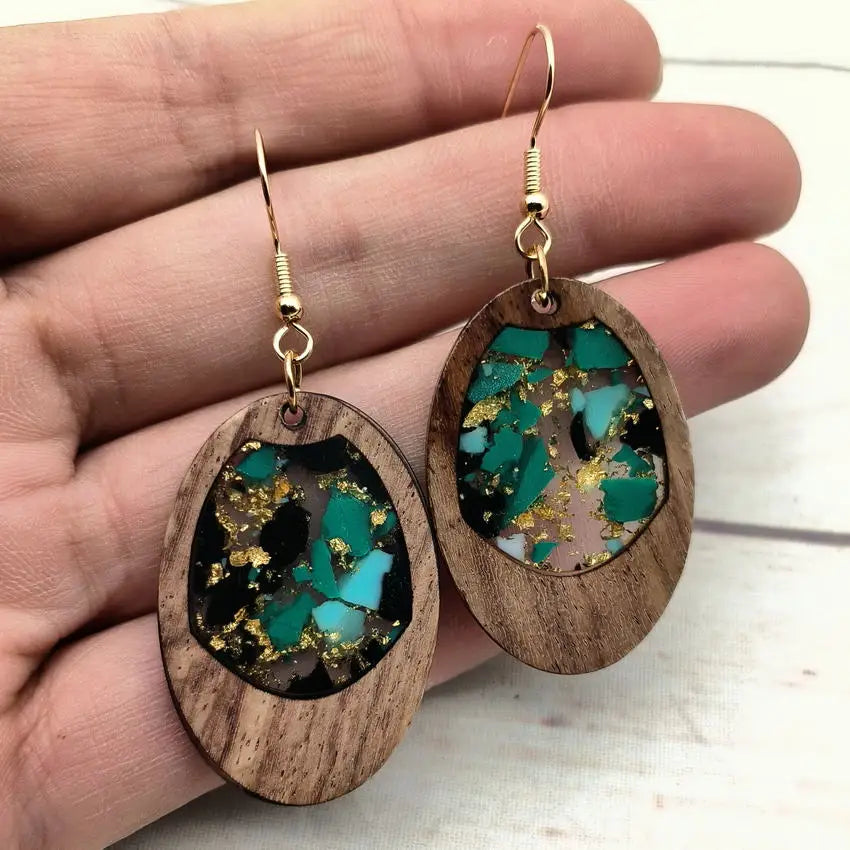 Women Handmade Gold Flake Teal Resin Oval Walnut Wood Earrings