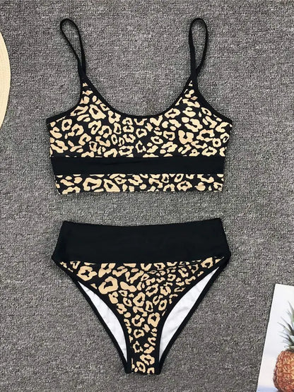 Printed High Waist Women Swimwear Two-pieces Bikini Splicing Bathing Suit