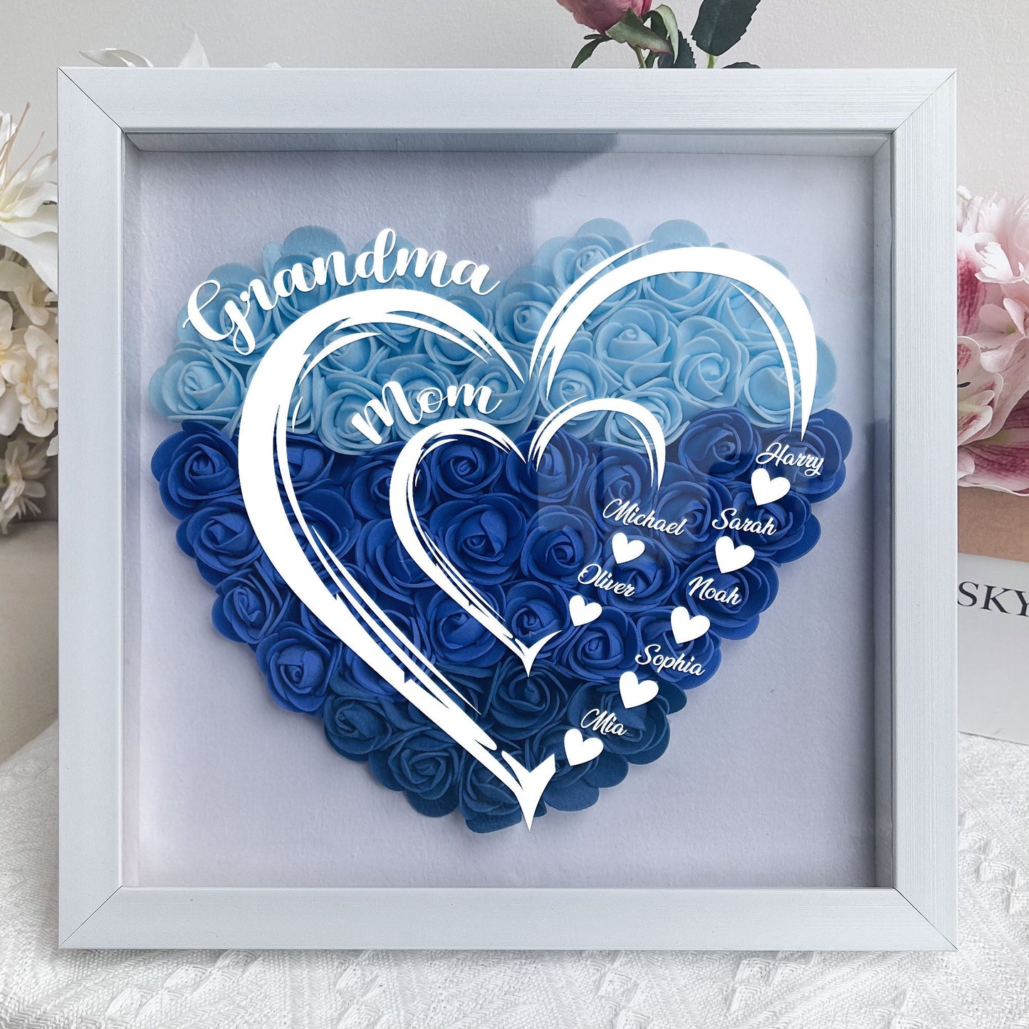 Grandmom Hearts Mommy Hearts - Personalized Flower Shadow Box