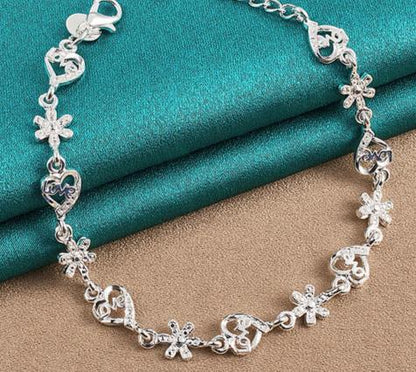 925 Sterling Silver Full Heart Love Flower Chain Women Wedding Engagement Party Bracelet