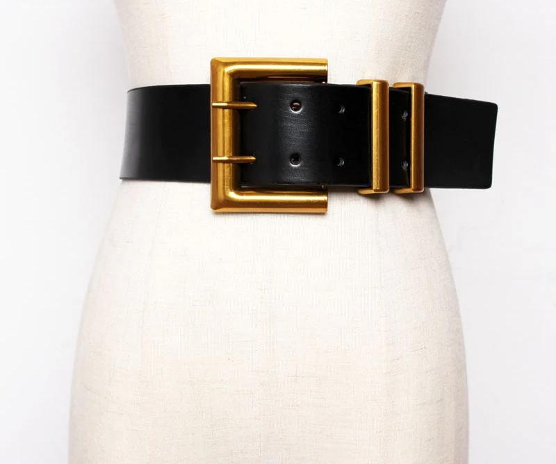 Women Wide Gold Mental Double Pin Buckle Black Leather Waist Corset Strap Belt