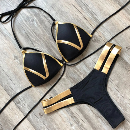 Women Gold Stamping Padded Swimsuit Push Up Bikini Swimwear Beachwear Brazil Bathing Suit