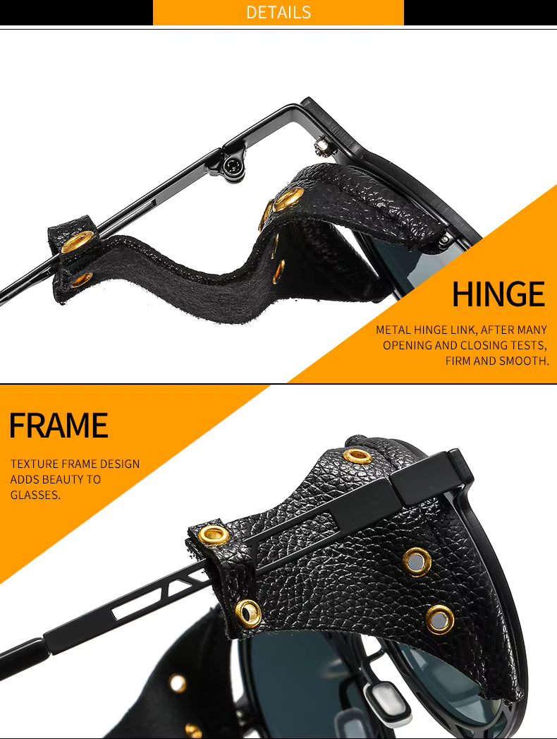 Oversized Men Women Vintage Designer Punk Metal Shades Round Steampunk Leather Eyeglasses UV400 Sunglasses