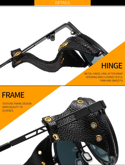 Oversized Men Women Vintage Designer Punk Metal Shades Round Steampunk Leather Eyeglasses UV400 Sunglasses
