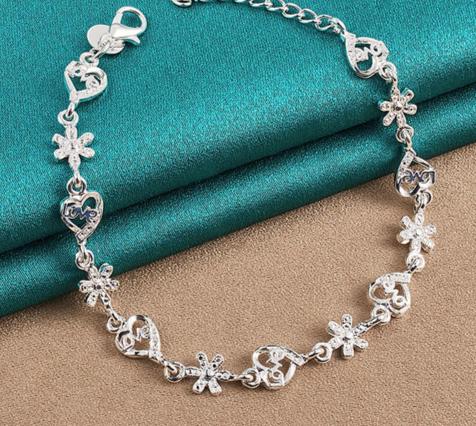 925 Sterling Silver Full Heart Love Flower Chain Women Wedding Engagement Party Bracelet