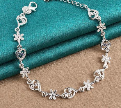 925 Sterling Silver Full Heart Love Flower Chain Women Wedding Engagement Party Bracelet