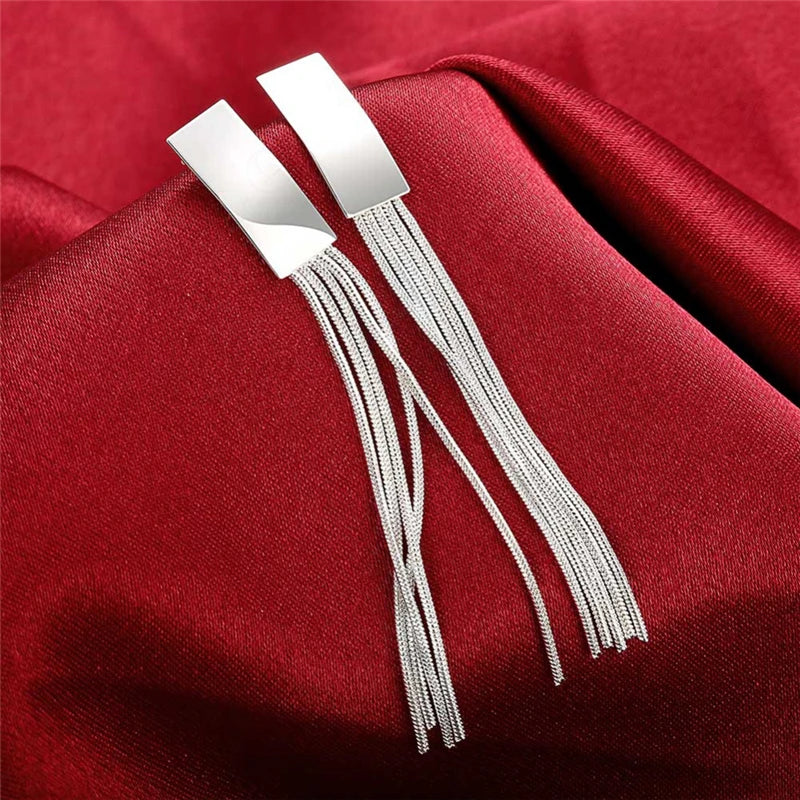 925 Sterling Silver Long Tassel Charm Women Fashion Wedding Engagement Party Earrings