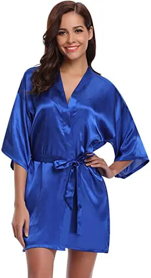Women Nightgown Solid Color Kimono Bathrobe Satin Wedding Bridal Sleepwear