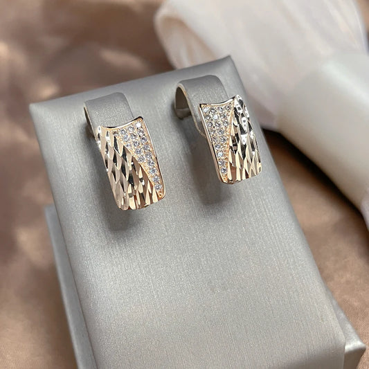 Women Modern Square Sparking Natural Zircon Clips Easy 585 Rose Gold Crystal Earrings