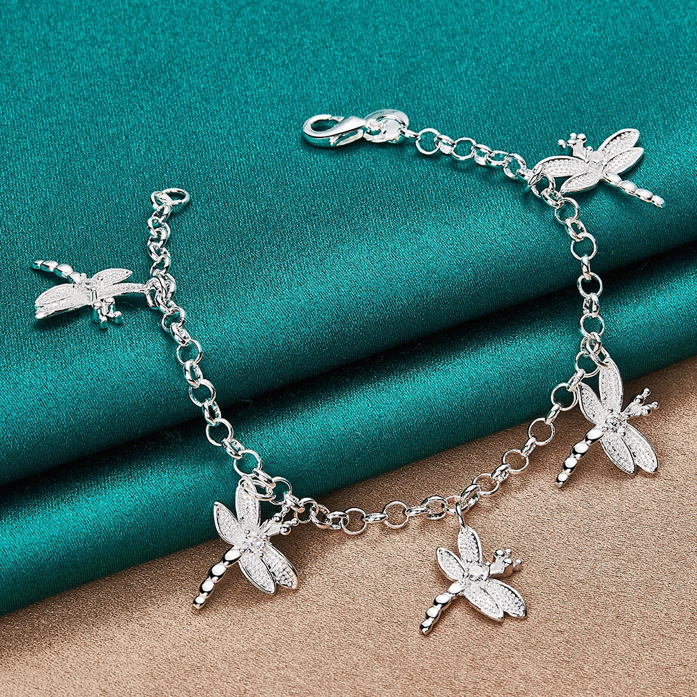 925 Sterling Silver Five Dragonfly Zircon Women Wedding Engagement Party Pendant Bracelet Chain