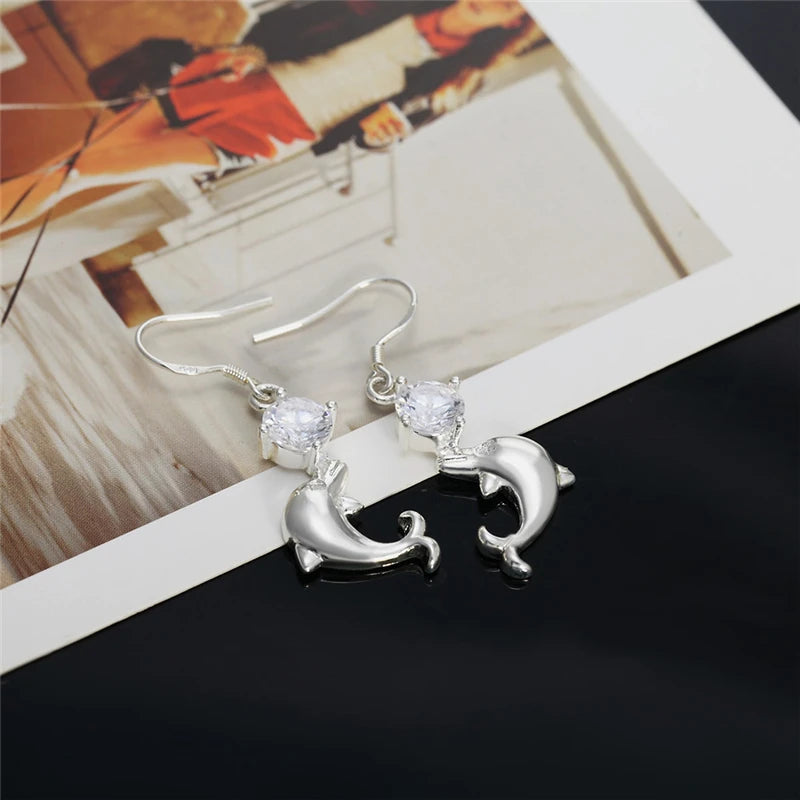 925 Sterling Silver Dolphin Zircon Women Wedding Engagement Party Drops Earrings