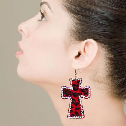 Women Fashion Crystal Accented Leather Leopard Cross Drop Earrings