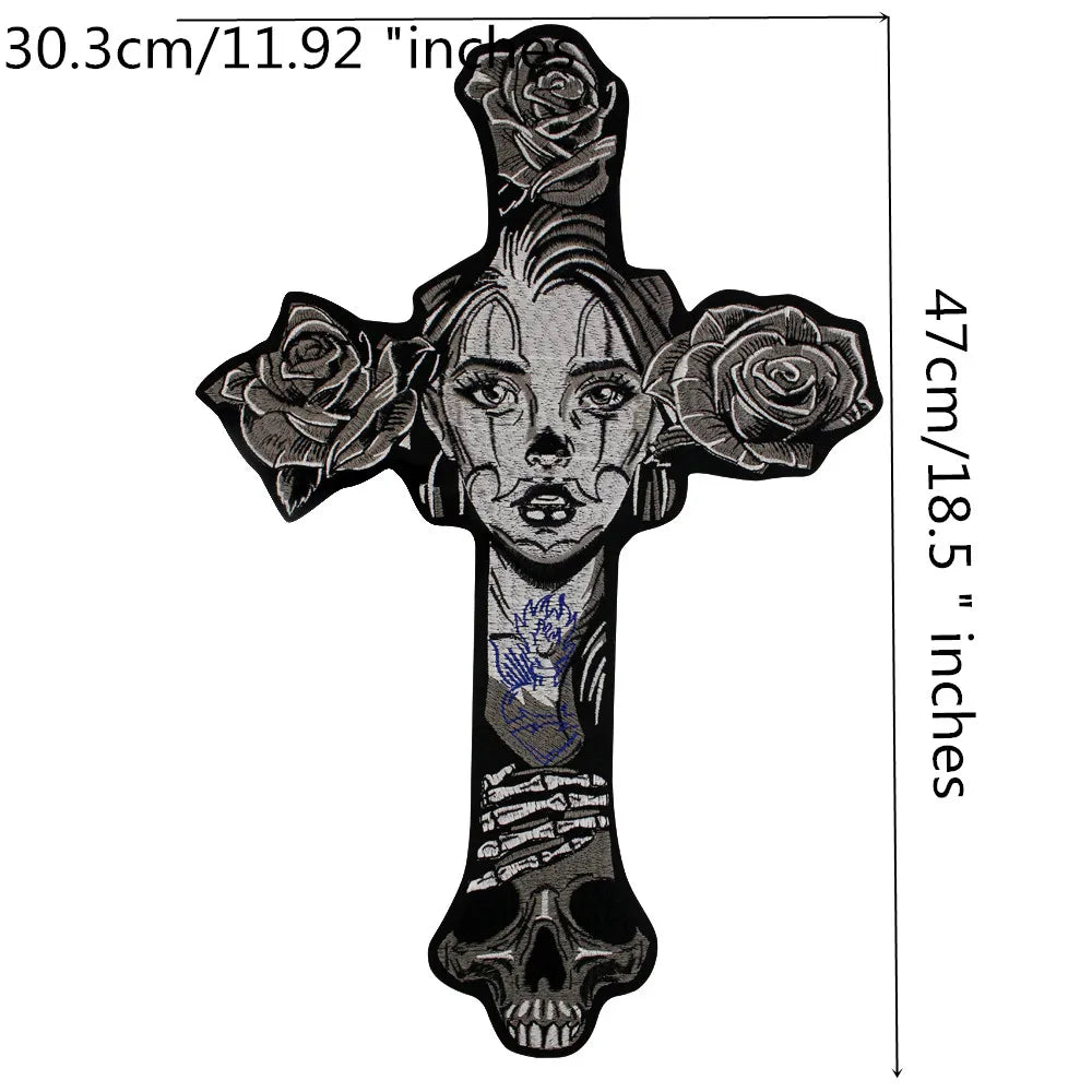 Big Cross Skull Gothic Punk Rock Iron on Patches Embroidered Crown Skull Patch Clothes Sewing Stickers