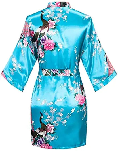 Women Satin Print Bathrobe Short Long Kimono Wedding Bridesmaids Robe Night Gown Dress