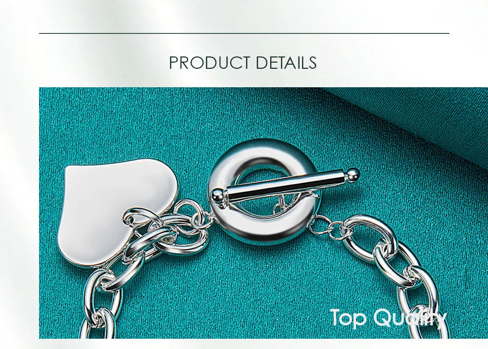 925 Sterling Silver Love Heart Pendant Chain Woman Wedding Engagement Fashion Charm Bracelet