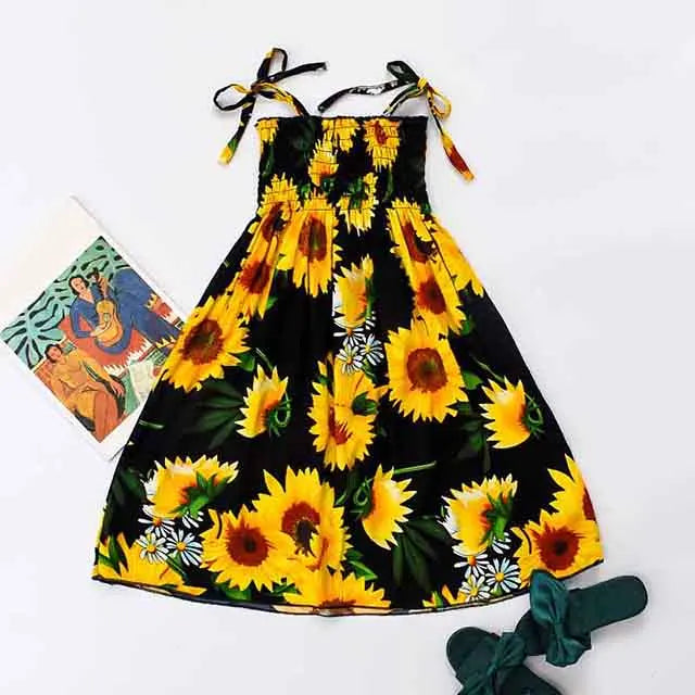 Kids Girls Floral Sling Ruffles Bohemian Beach Princess Birthday Party Dress w/ Necklace