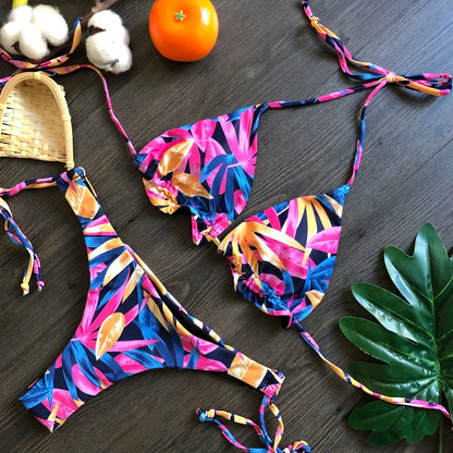 Sexy Micro Feather Print Bandage Swimwear Bathing Brazilian Bikini Suit