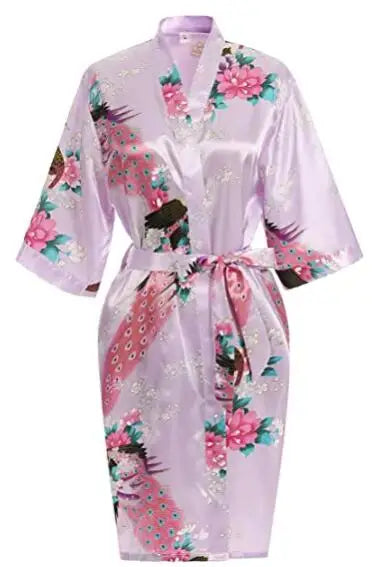 Satin Women Wedding Bridesmaids Crane Print Bathrobe Short Long Kimono Night Gown