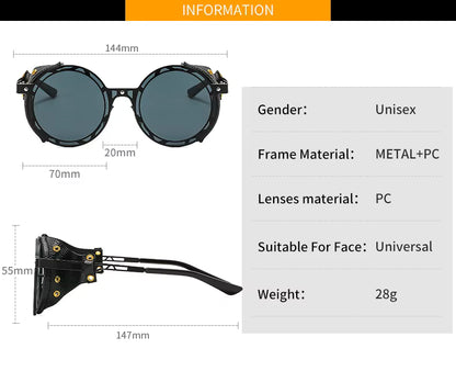 Oversized Men Women Vintage Designer Punk Metal Shades Round Steampunk Leather Eyeglasses UV400 Sunglasses
