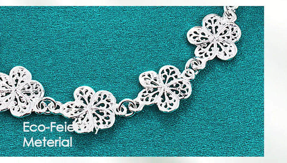925 Sterling Silver Full Flower Chain Women Wedding Engagement Party Fashion Bracelet