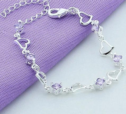 925 Sterling Silver Heart Purple Zircon Women Engagement Party Bracelet