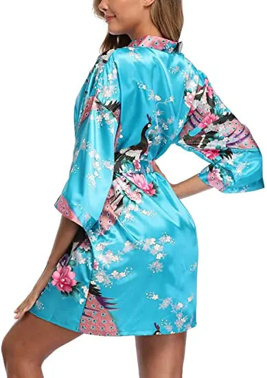 Women Satin Print Bathrobe Short Long Kimono Wedding Bridesmaids Robe Night Gown Dress