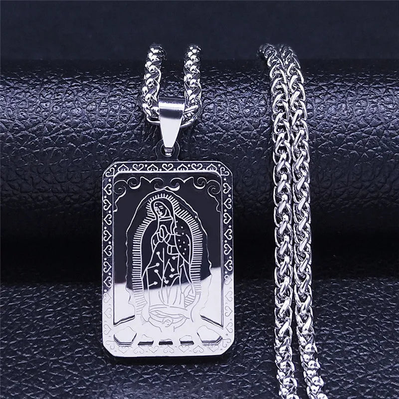 Men Stainless Steel Hip Hop Virgin Mary Medal Our Lady of Guadalupe Pendant Necklace