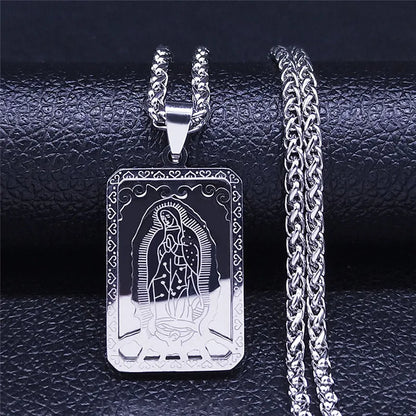 Men Stainless Steel Hip Hop Virgin Mary Medal Our Lady of Guadalupe Pendant Necklace
