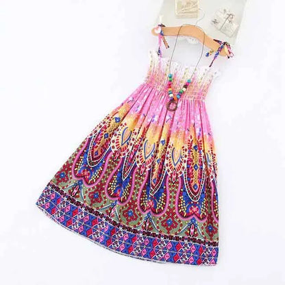 Kids Girls Floral Sling Ruffles Bohemian Beach Princess Birthday Party Dress w/ Necklace