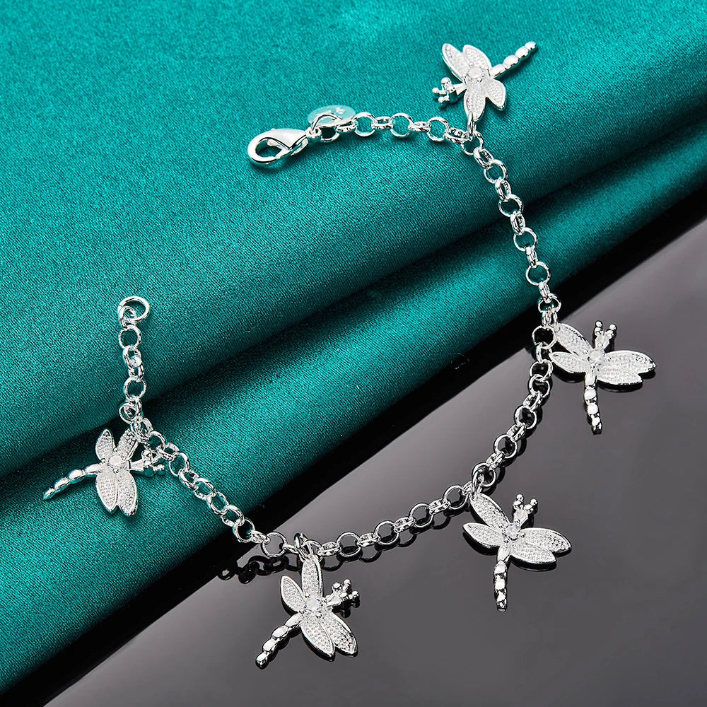 925 Sterling Silver Five Dragonfly Zircon Women Wedding Engagement Party Pendant Bracelet Chain