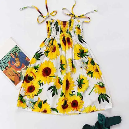 Kids Girls Floral Sling Ruffles Bohemian Beach Princess Birthday Party Dress w/ Necklace