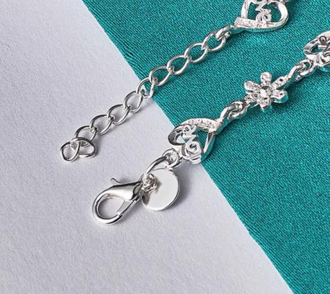 925 Sterling Silver Full Heart Love Flower Chain Women Wedding Engagement Party Bracelet