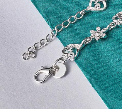 925 Sterling Silver Full Heart Love Flower Chain Women Wedding Engagement Party Bracelet