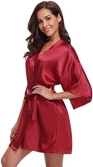 Women Nightgown Solid Color Kimono Bathrobe Satin Wedding Bridal Sleepwear