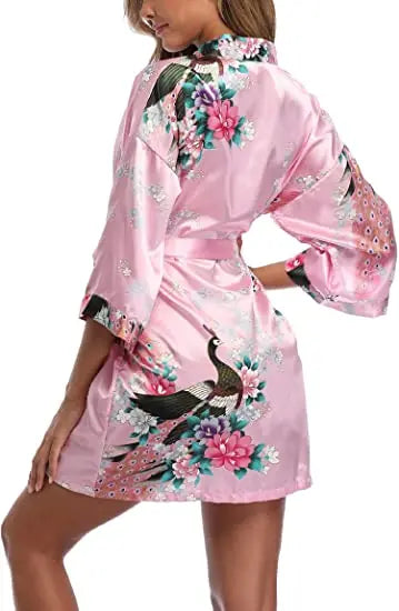 Women Satin Print Bathrobe Short Long Kimono Wedding Bridesmaids Robe Night Gown Dress