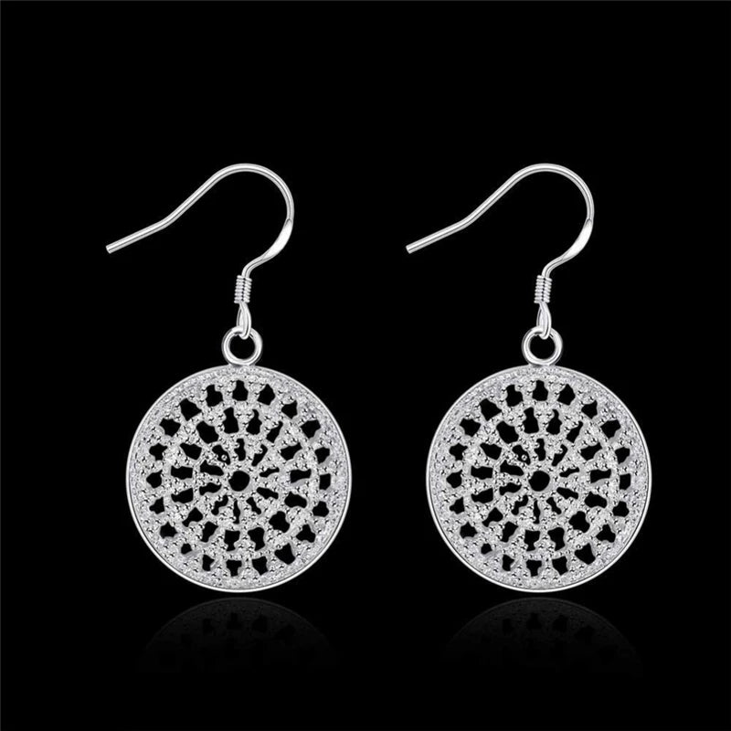 Women 925 Sterling Silver Hollow Out Round Plate Charm Wedding Engagement Party Earrings