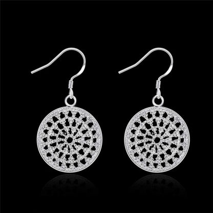 Women 925 Sterling Silver Hollow Out Round Plate Charm Wedding Engagement Party Earrings