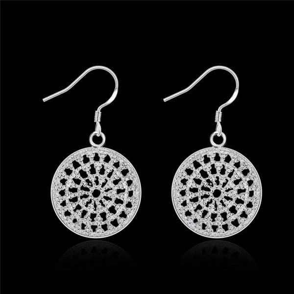 Women 925 Sterling Silver Hollow Out Round Plate Charm Wedding Engagement Party Earrings