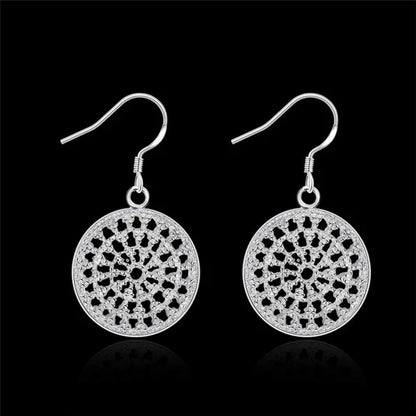 Women 925 Sterling Silver Hollow Out Round Plate Charm Wedding Engagement Party Earrings