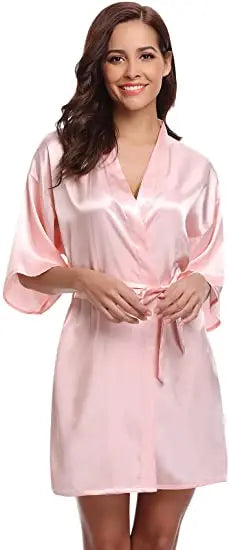 Women Nightgown Solid Color Kimono Bathrobe Satin Wedding Bridal Sleepwear