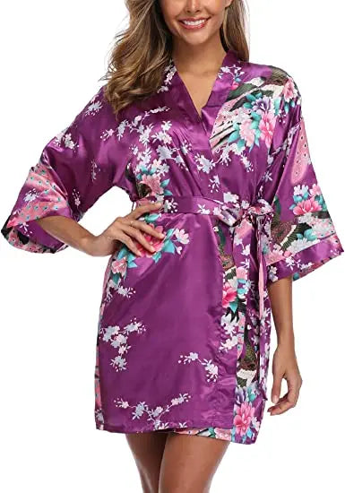 Women Satin Print Bathrobe Short Long Kimono Wedding Bridesmaids Robe Night Gown Dress