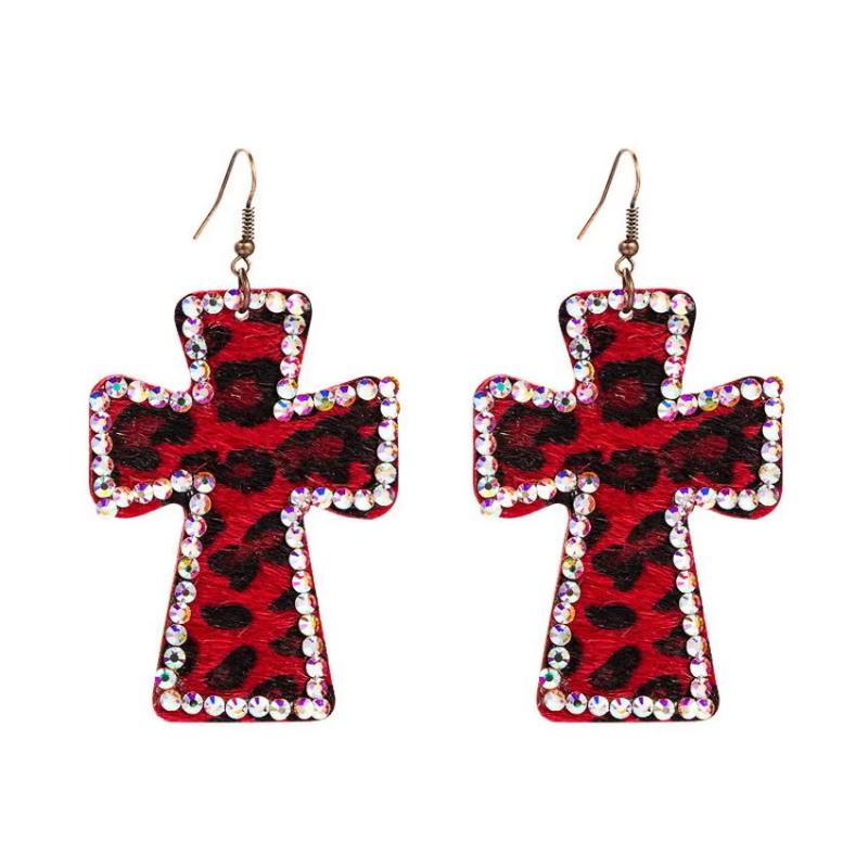 Women Fashion Crystal Accented Leather Leopard Cross Drop Earrings