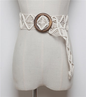 Vintage Handmade Wide Women Round Wood Buckle Woven Braided Crochet Belts