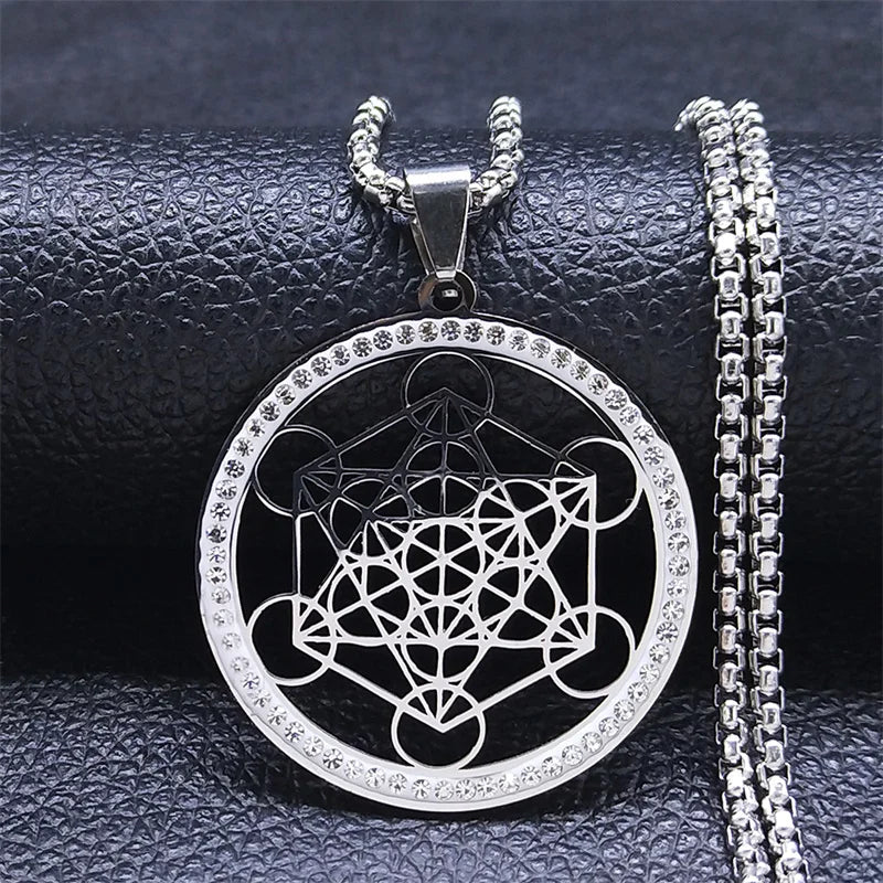 Women Metatron Sacred Geometry Symbol Flower of Life Stainless Steel Crystal Pendant Necklace