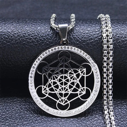 Women Metatron Sacred Geometry Symbol Flower of Life Stainless Steel Crystal Pendant Necklace