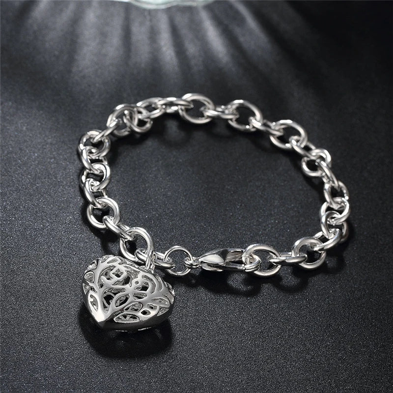 925 Sterling Silver Hollow Heart Woman Wedding Engagement Fashion Party Charm Pendant Bracelet