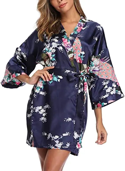 Women Satin Print Bathrobe Short Long Kimono Wedding Bridesmaids Robe Night Gown Dress